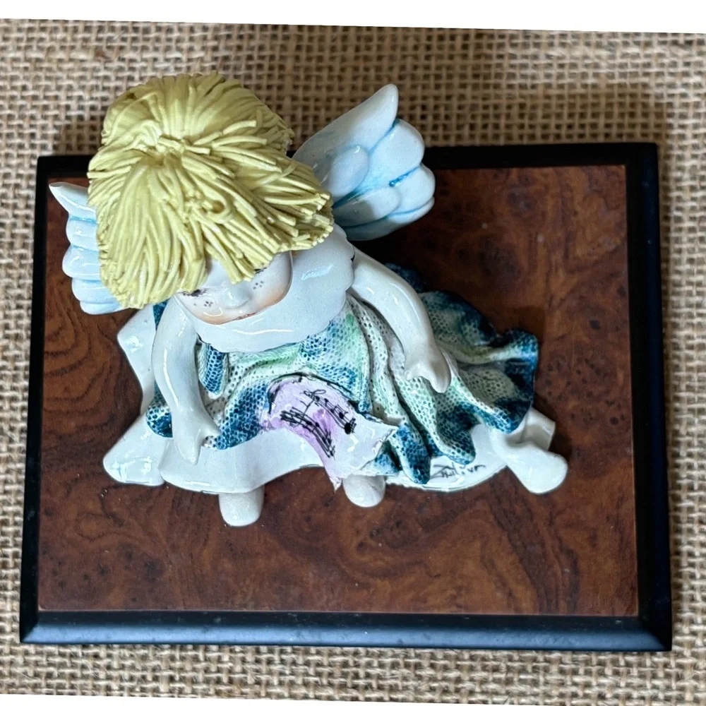 Signed Zampiva Porcelain Spaghetti Hair Angel Figurine Wood Mounted Italian
